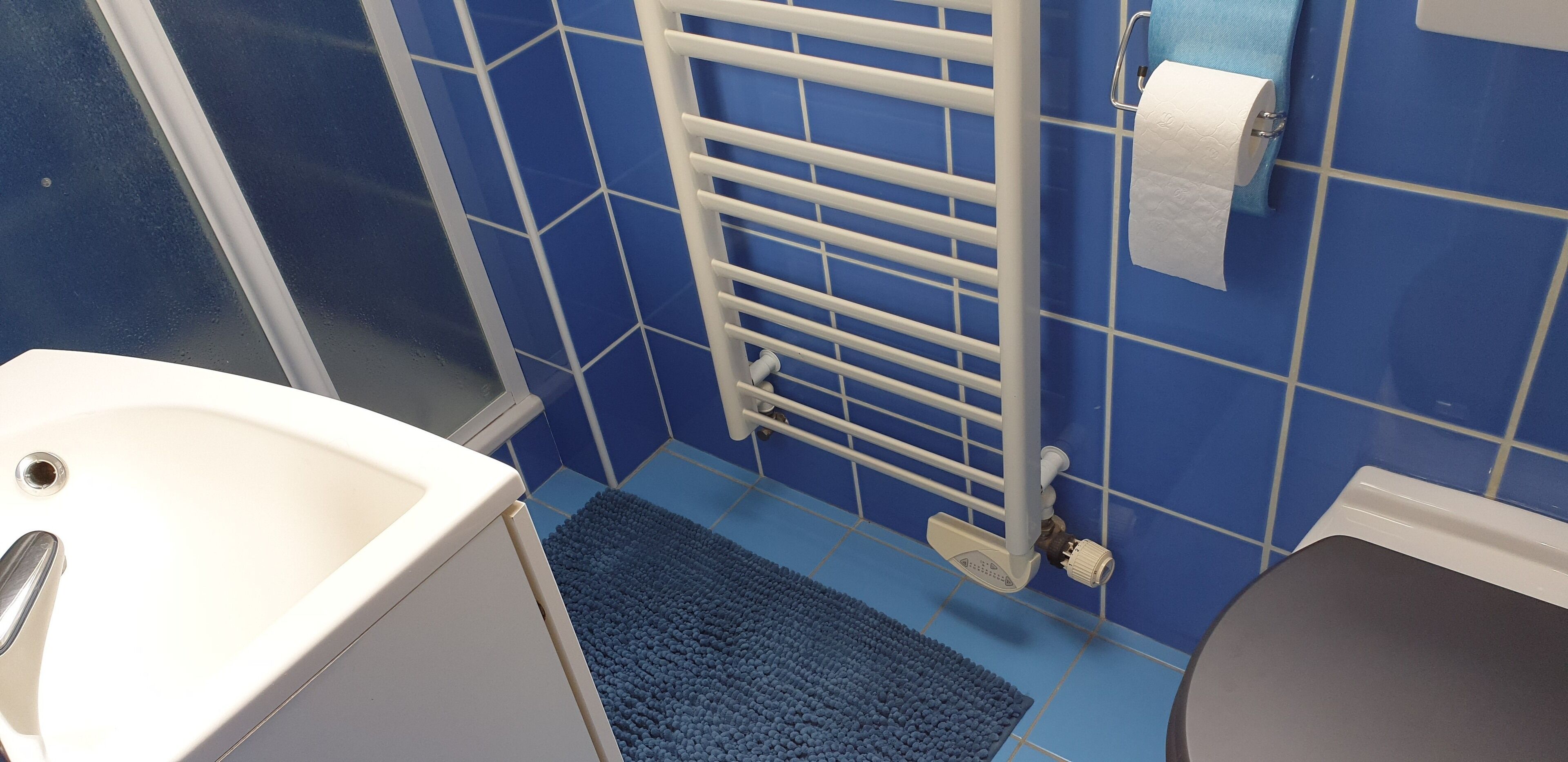 Un baño con una bañera blanca, una zona de ducha azul y un inodoro blanco.