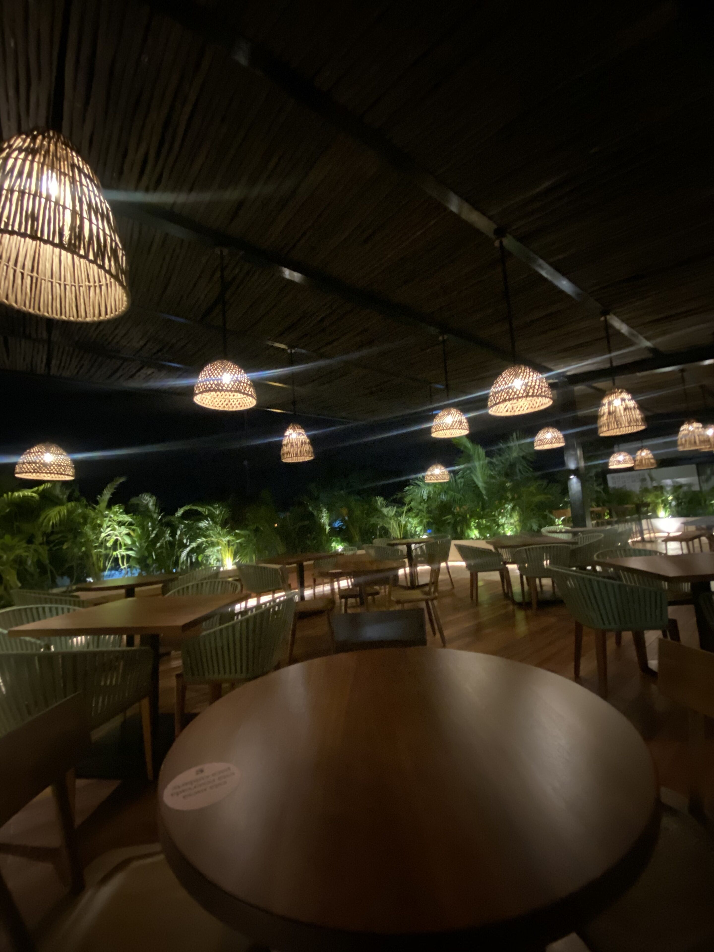 Un comedor interior con mesas y sillas redondas, lámparas de mimbre colgantes y vistas a palmeras afuera.