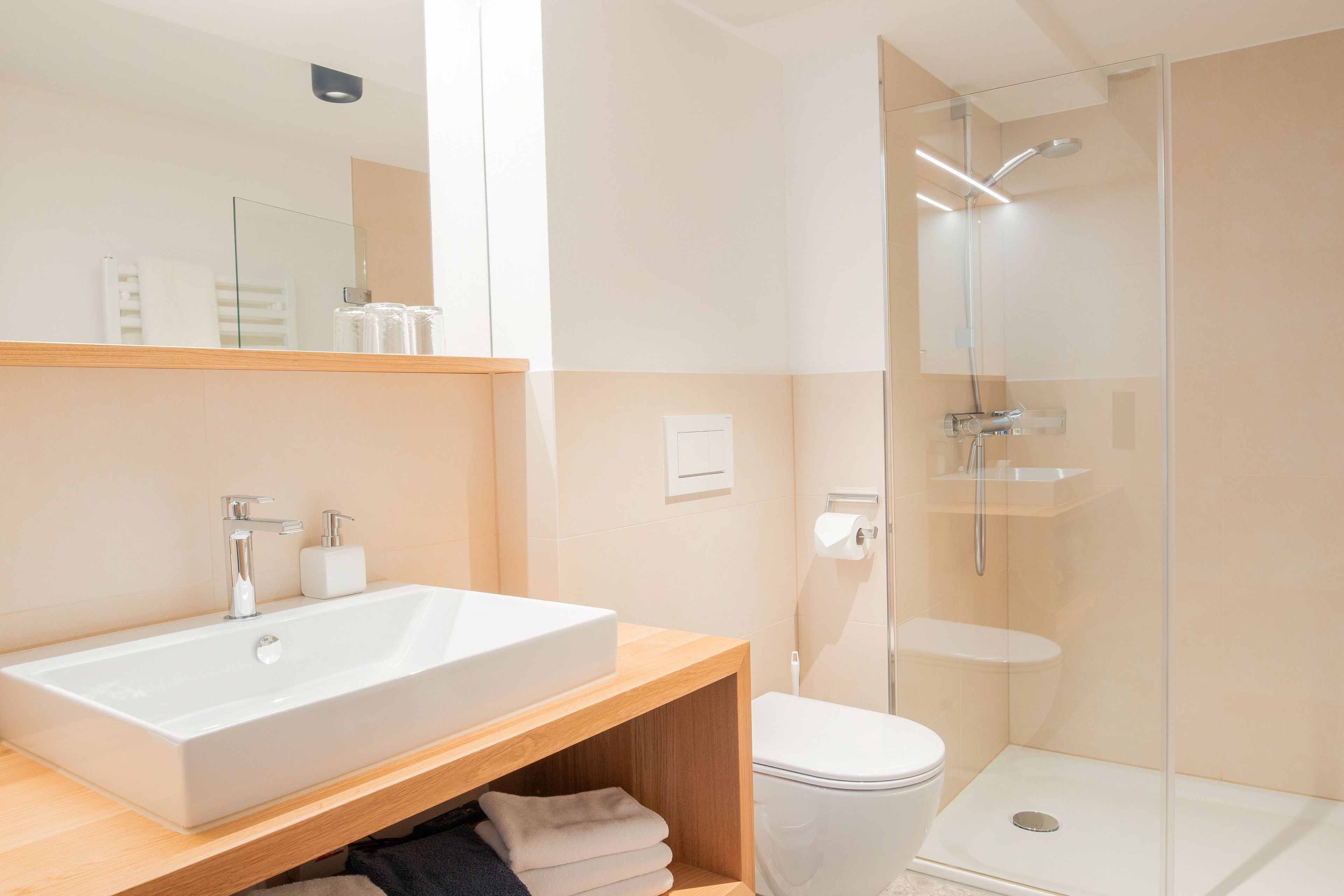 A modern bathroom with a large white sink, a glass-enclosed shower, and a toilet.