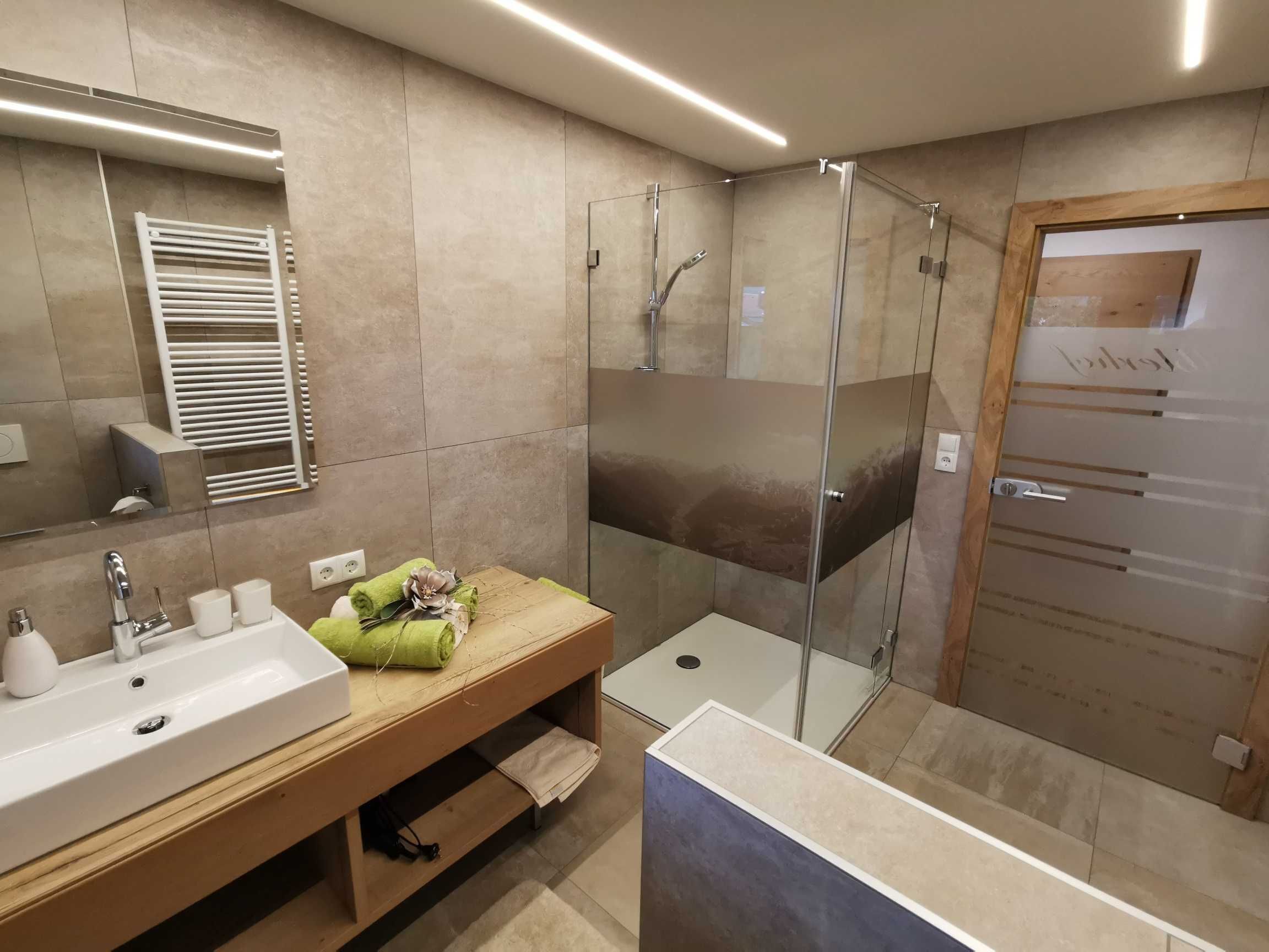 Shower, hair dryer, towels, toilet paper