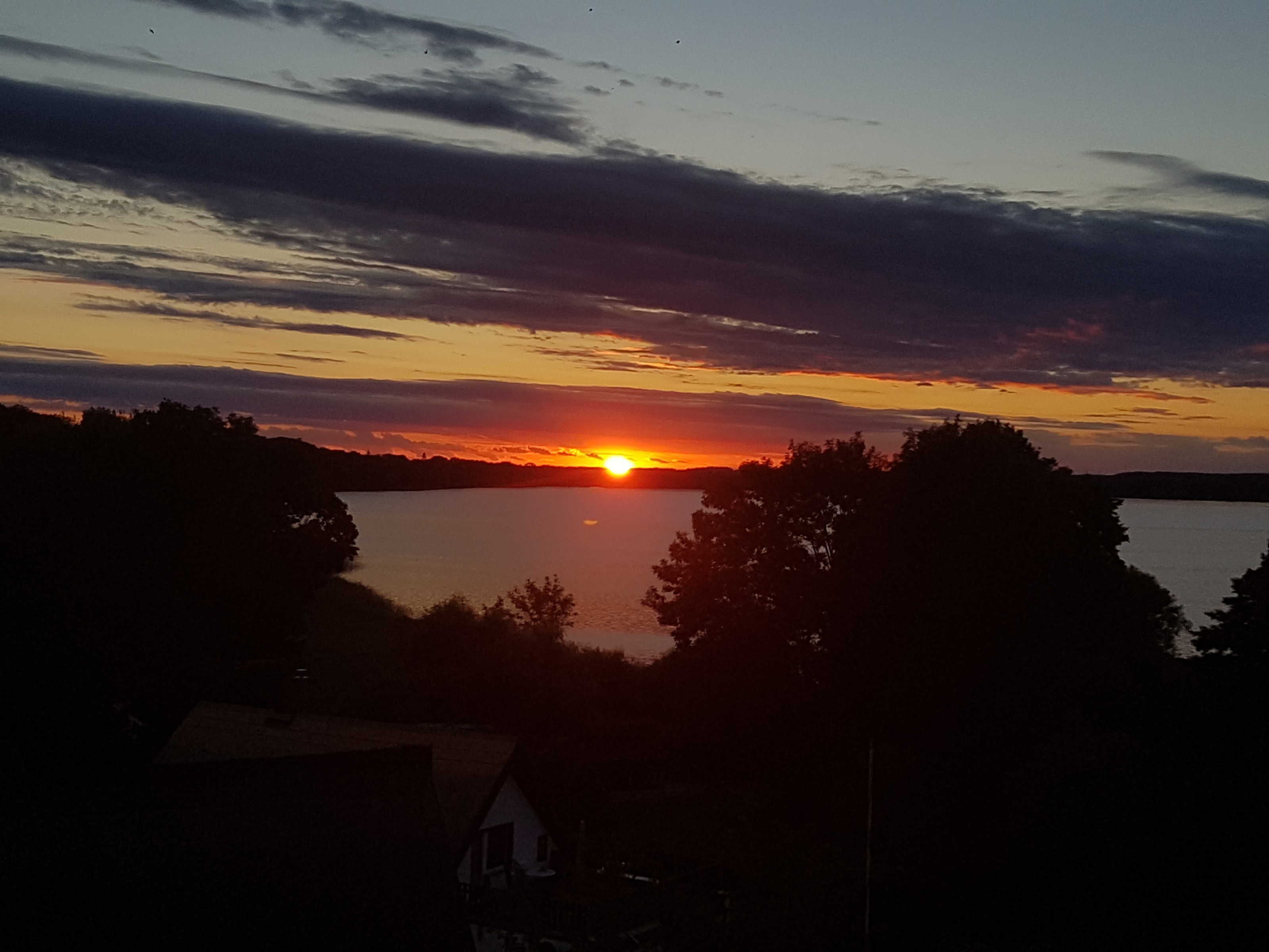 Un coucher de soleil sur une étendue d’eau, avec des arbres au premier plan.