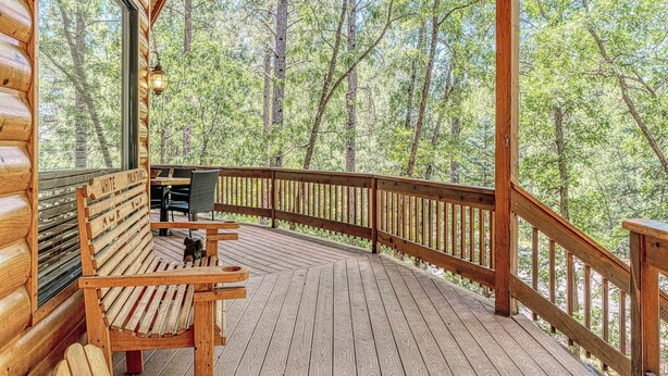 A wooden deck with a bench and a dog, surrounded by trees.