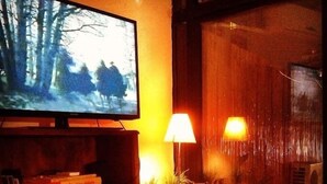 A cozy room with a television on a wooden stand, a bookshelf filled with books, a small table with a lamp, and a potted plant. - La Casa de Bulnes (Buenos Aires)