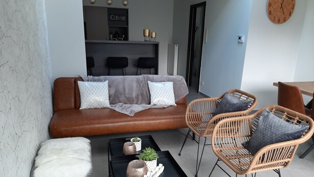 Un salon moderne avec un canapé en cuir marron, deux fauteuils en osier, une table basse noire et un pouf blanc moelleux.