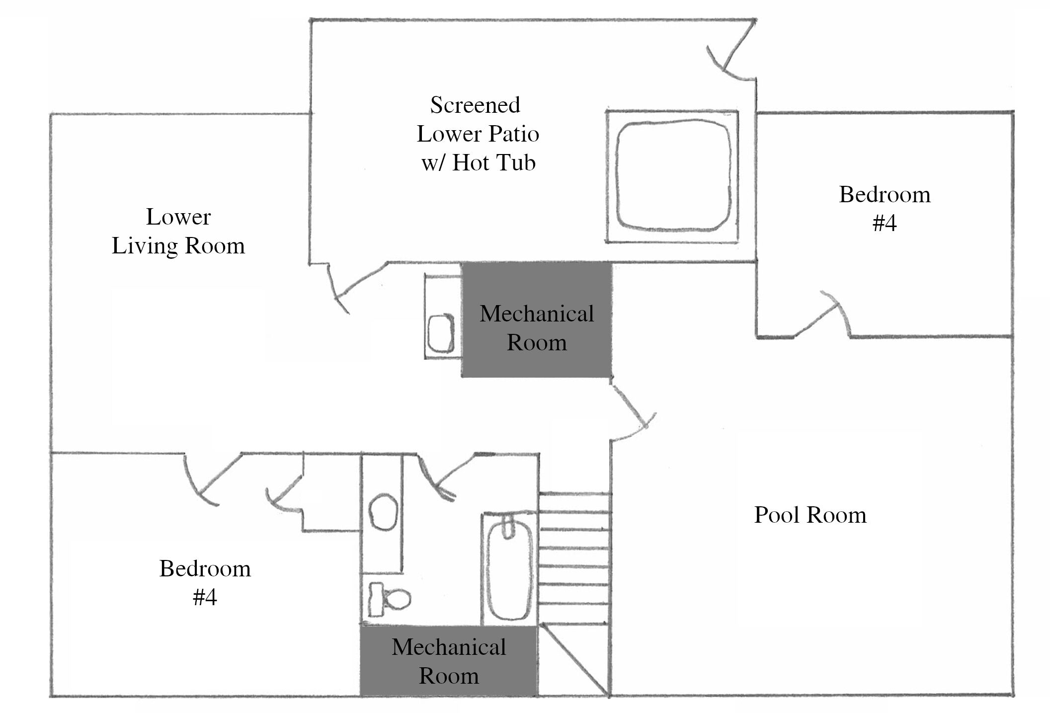 Ein Grundriss mit einem Wohnzimmer im Erdgeschoss, zwei Schlafzimmern, einem Technikraum, einer teilüberdachten Terrasse mit Whirlpool und einem Poolraum.