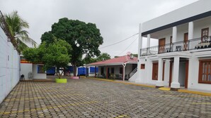 Un patio con pavimento de adoquines, un árbol grande y edificios con balcones y puertas.