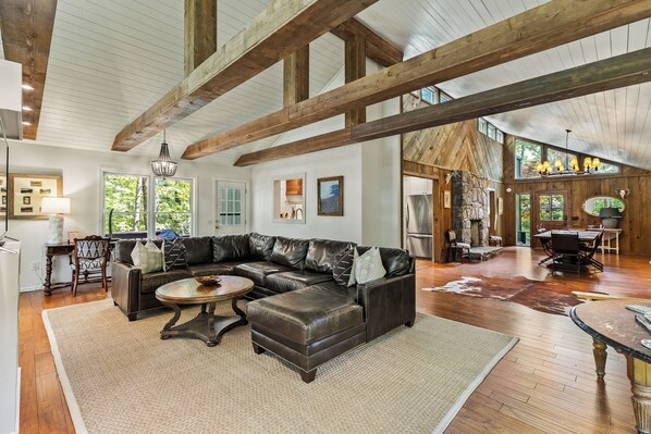 Smart TV, fireplace, books, video library