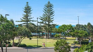 A park with walking paths, large trees, and a clear sky.