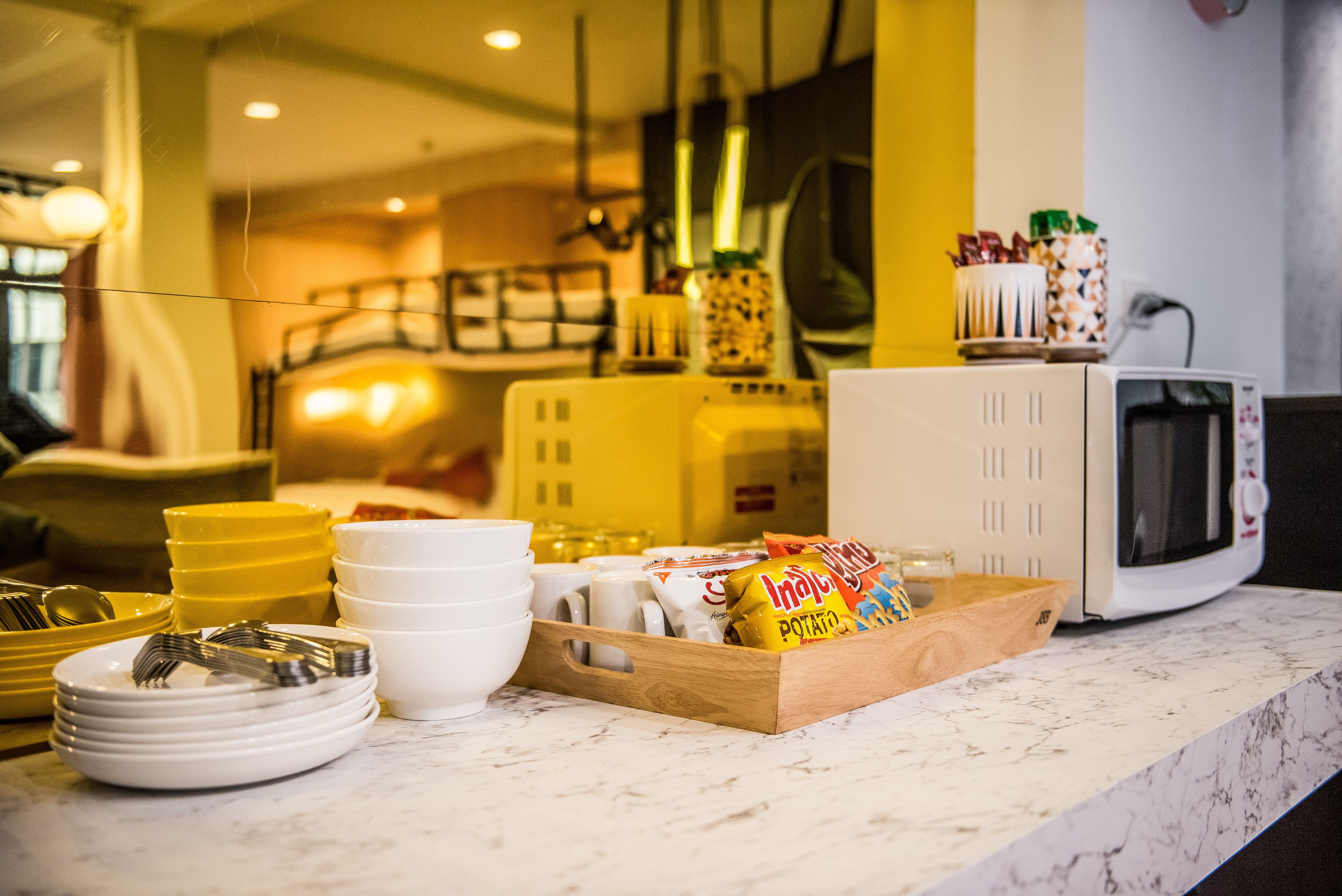 mini-fridge, microwave, coffee/tea maker, electric kettle