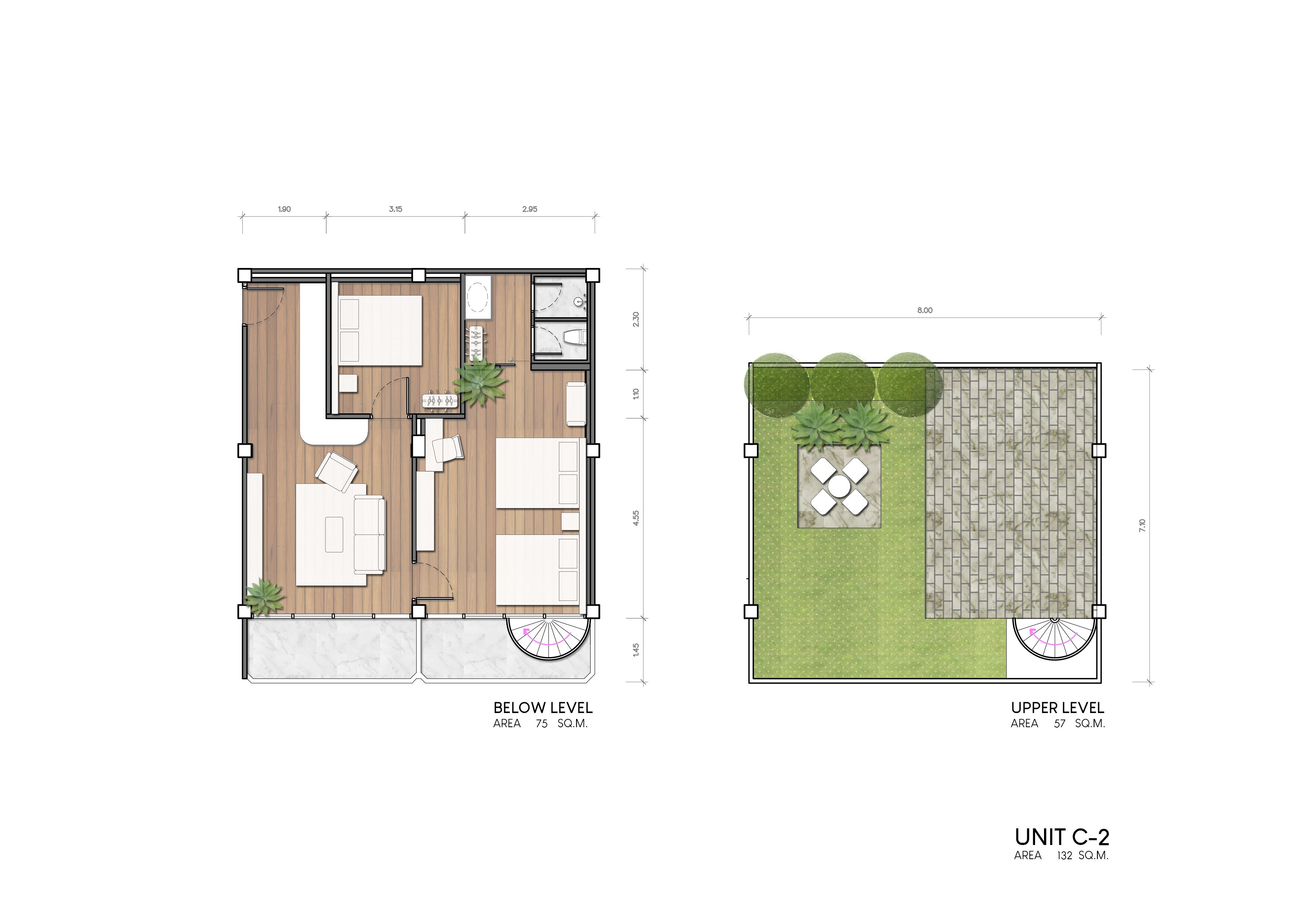 Un plan d’étage d’une chambre d’hôtel comprenant un espace de vie, une chambre, une salle de bain et un jardin.
