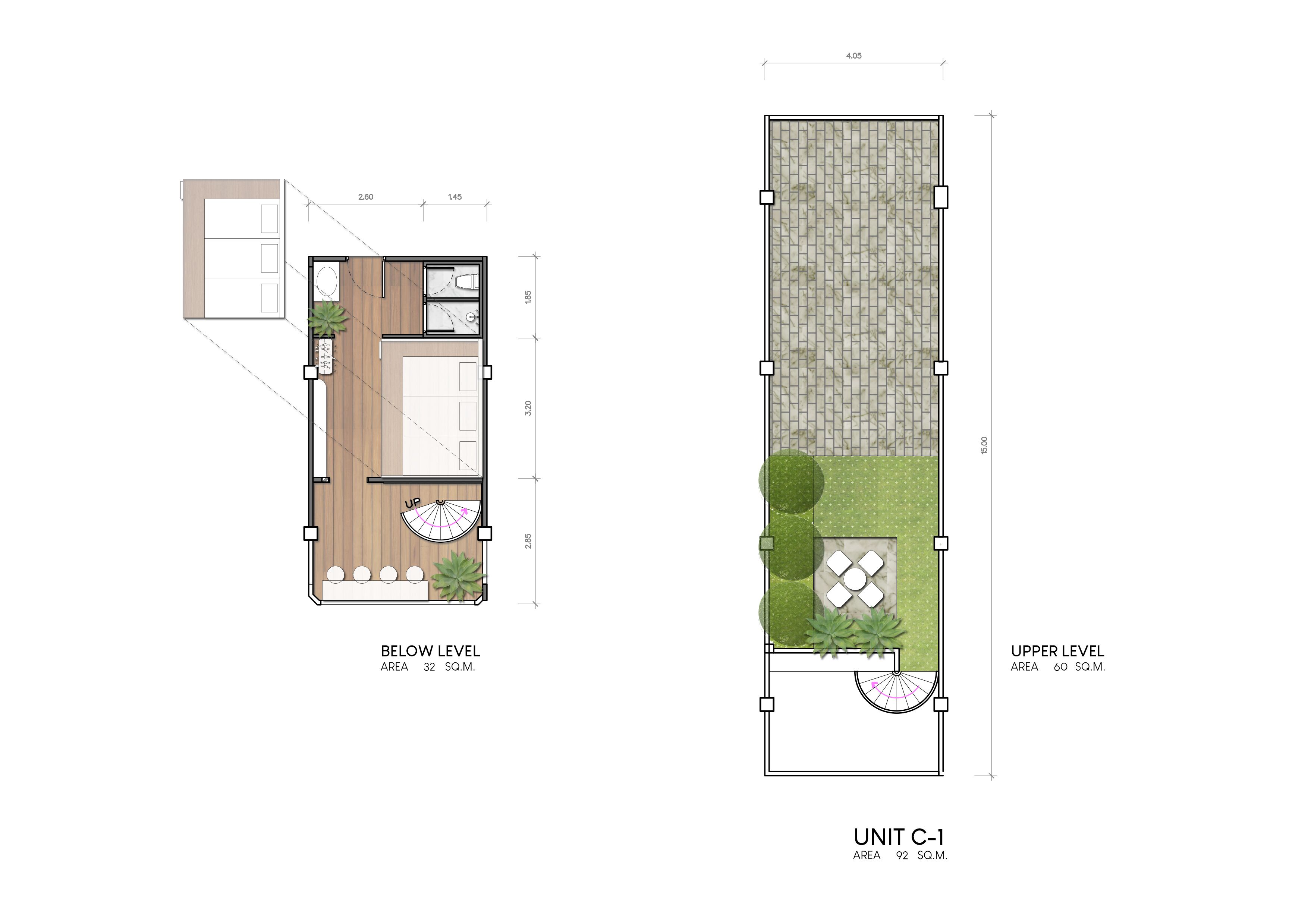 A floor plan of a residential unit with a living area, kitchen, and bathroom. The unit is divided into two levels, with a balcony on the upper level.