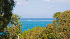 Eine Küstenlandschaft mit einem Steg, der sich ins Meer erstreckt, umgeben von üppiger Vegetation.