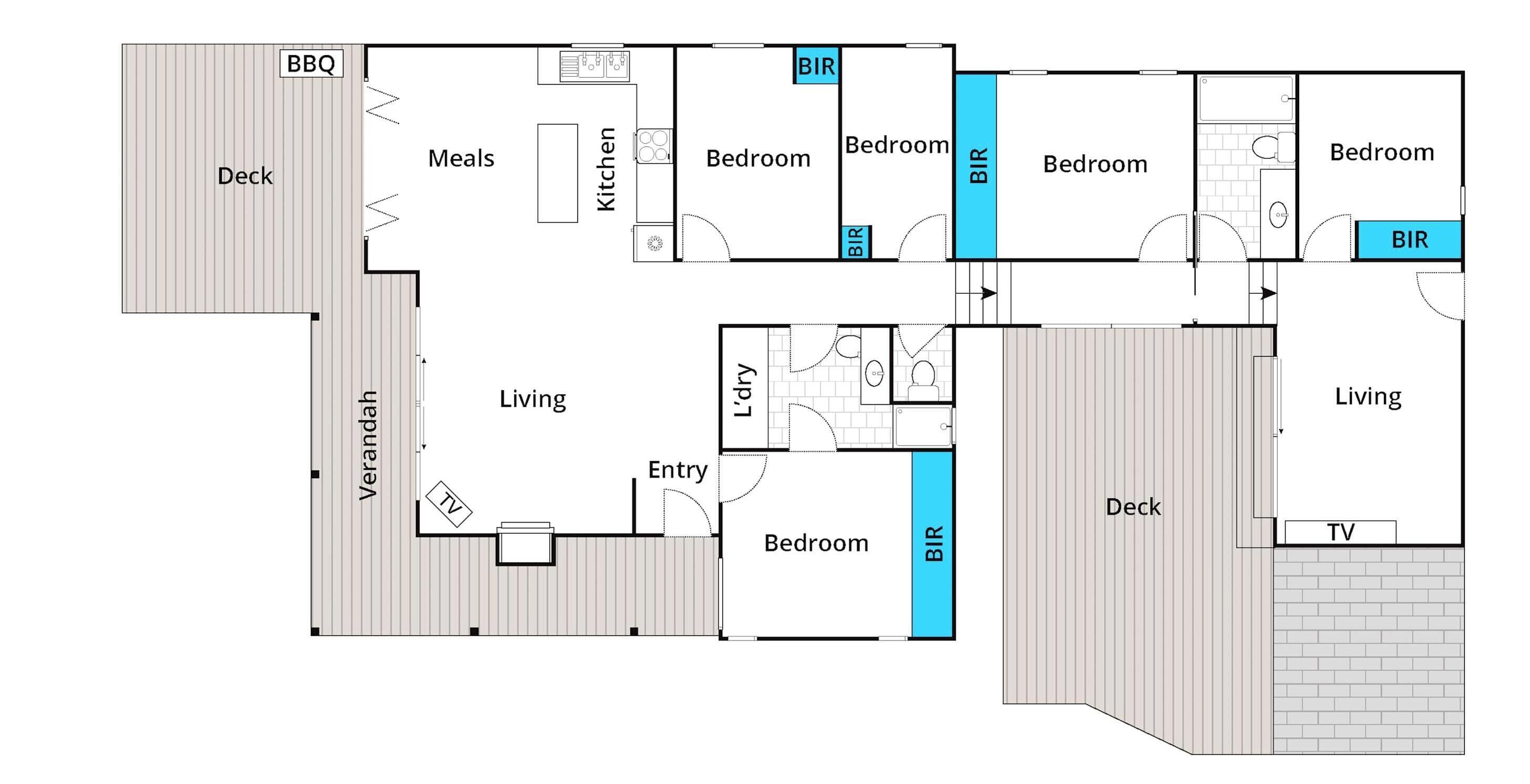 A floor plan with a deck, living area, kitchen, three bedrooms, and a bathroom.