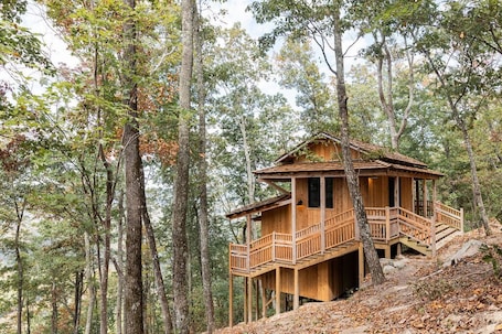 Exterior. Japanese timberframe tiny house perched on side of Lookout Mountain