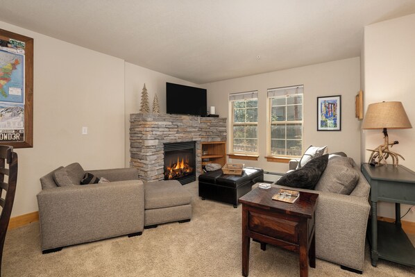 Smart TV, fireplace, books, computer monitors