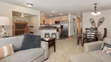 Smart TV, fireplace, books, computer monitors