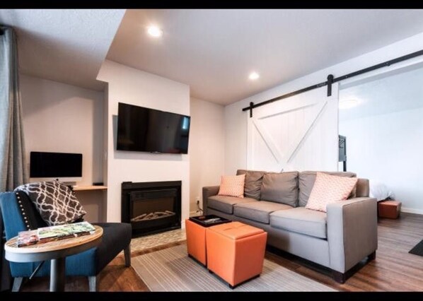 Smart TV, fireplace, books, computer monitors