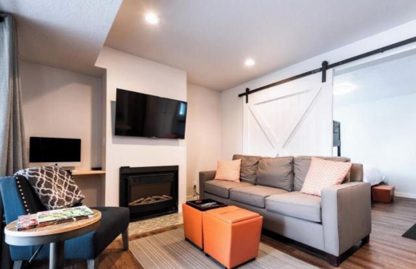 Smart TV, fireplace, books, computer monitors