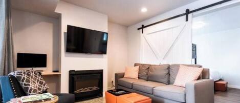 Smart TV, chimenea, libros y monitor de computadora