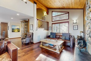 TV, fireplace, books