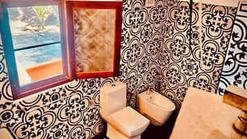 Shower, hair dryer, bidet, towels