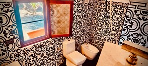 Regadera, secadora de cabello, bidet, toallas 