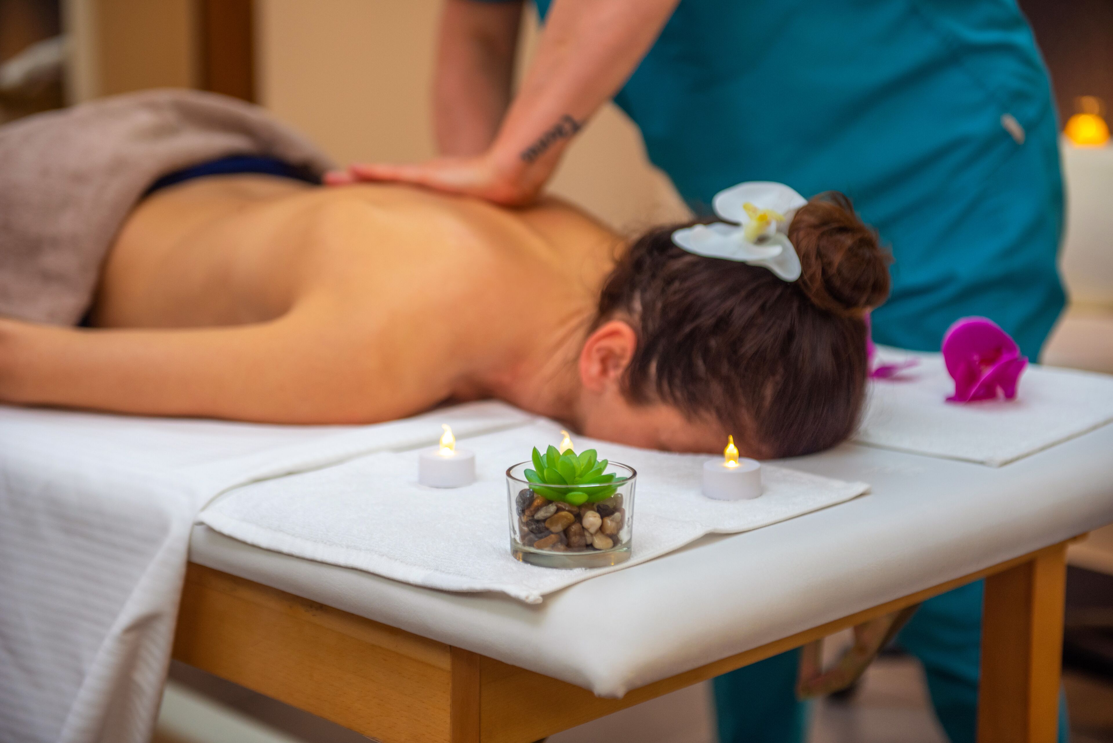 Una sesión de masoterapia con una persona acostada boca abajo sobre una camilla, las manos del terapeuta en su espalda y un pequeño recipiente con una planta suculenta en la mesa.