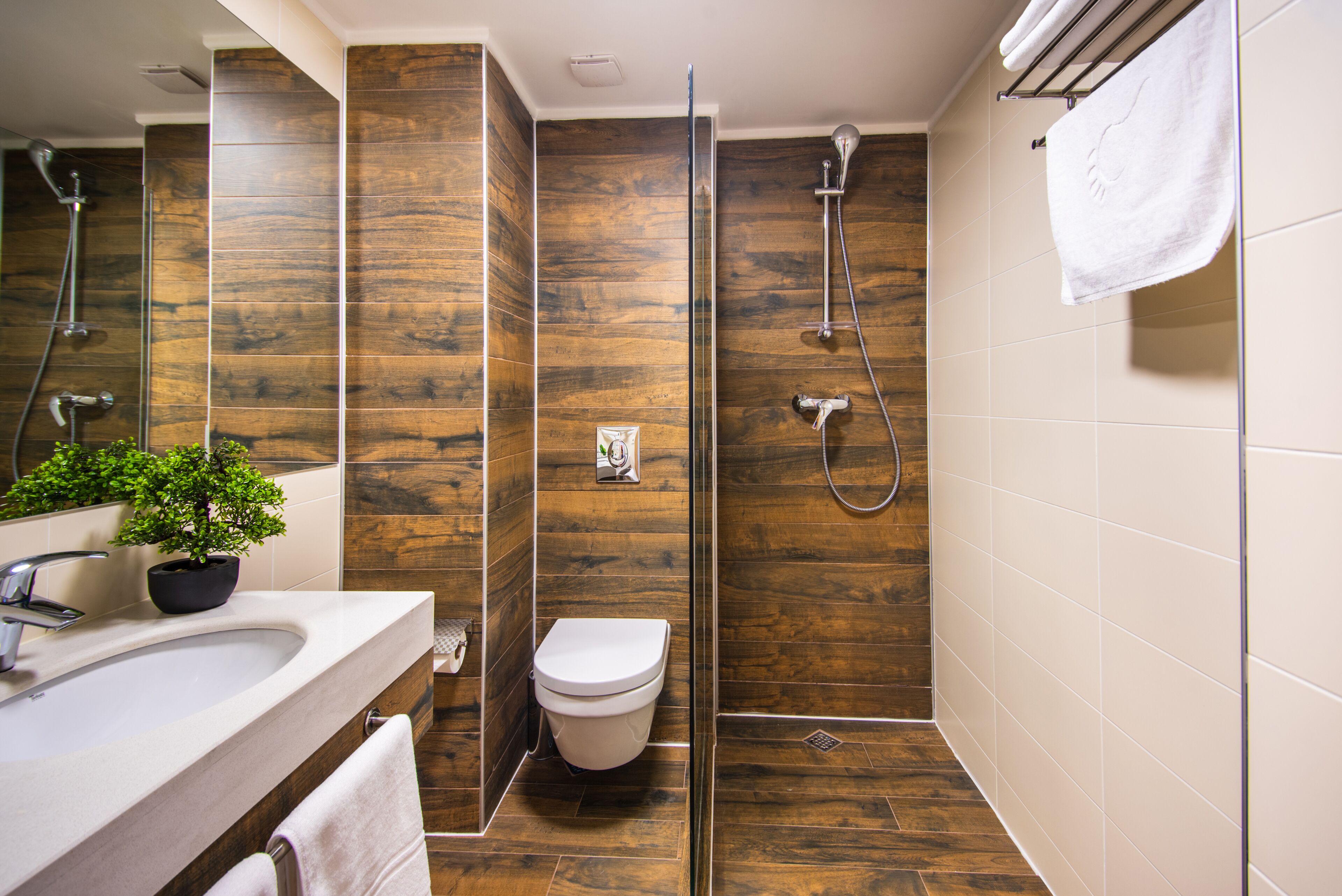 A modern bathroom with a shower, toilet, sink, and a potted plant.