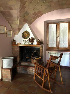 Televisión de pantalla plana, chimenea, reproductor de DVD y libros 