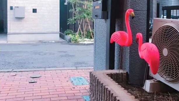 Entrada d'un edifici amb un camí de maó, una reixa metàl·lica i una decoració de flamenc vermell.