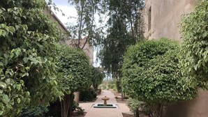 A narrow pathway flanked by lush green hedges and trees, leading to a central fountain. - Villa Mayrit. Beautiful Riyadh style villa in privileged surroundings (Marrakech)