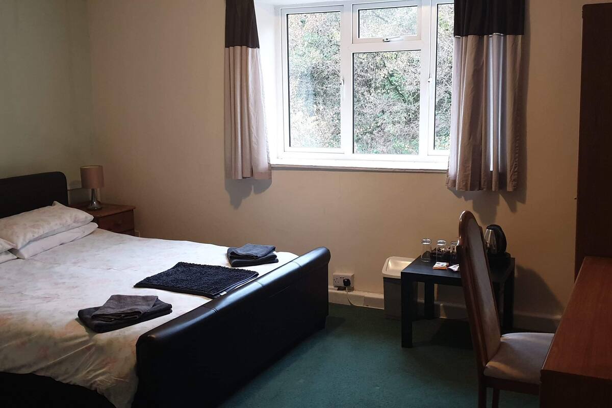 A bedroom with a bed, a nightstand, a desk, a chair, a window with curtains, and a radiator.