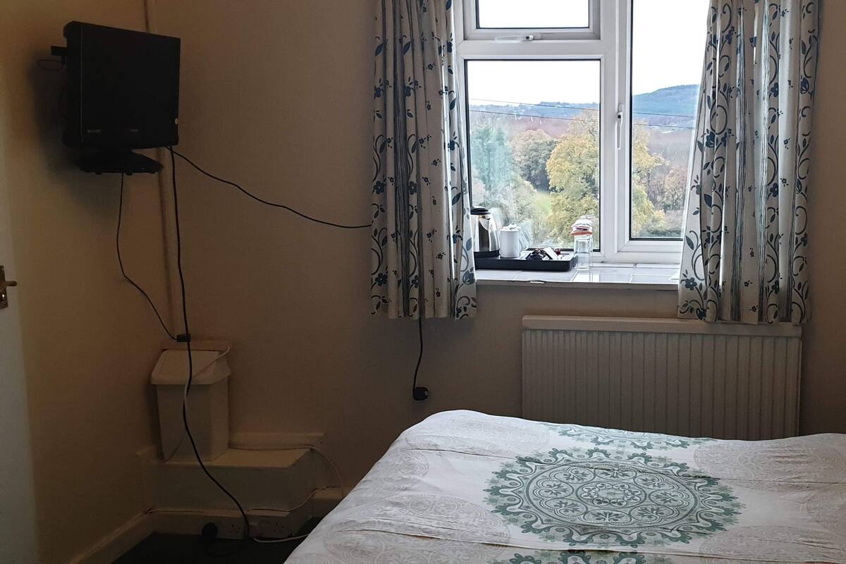 A bedroom with a bed, a window with curtains, a radiator, a bedside table with a lamp, and a wall-mounted TV.