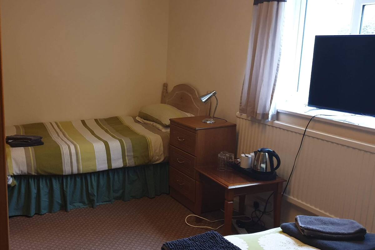 A bedroom with a bed, a dresser, a desk with a lamp, a television, and a window with curtains.