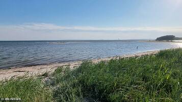 On the beach, sun loungers