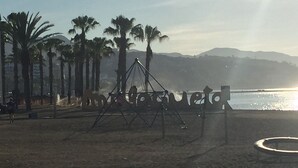 A beach with palm trees, a swing set, and a sign that reads "La Playa de la Concha". - The Malagueta's Views (Málaga)
