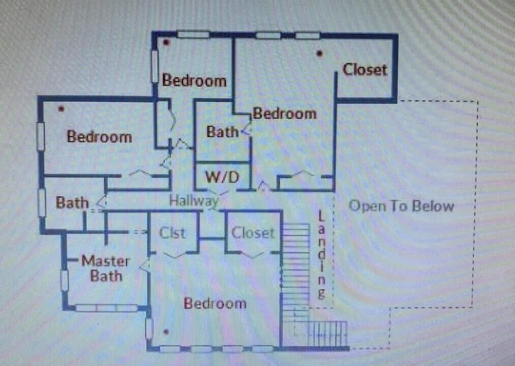 A floor plan with multiple bedrooms, a master bathroom, a hallway, and a closet area.