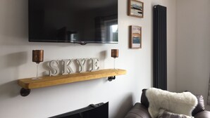 Un salon équipé d’un téléviseur à écran plat fixé au mur, d’une cheminée, d’un canapé et d’une étagère fixée au mur sur laquelle est inscrit le mot « SKYE ».