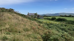 A stone house with a sloped roof, surrounded by a grassy field and a hill in the background.
