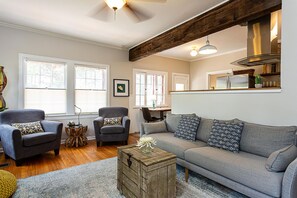 Télévision, cheminée, livres, chaîne hi-fi