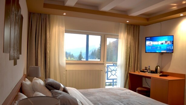 A hotel room with a bed, a desk, a TV, and a window with a view of trees. - Alimar (Predeal)