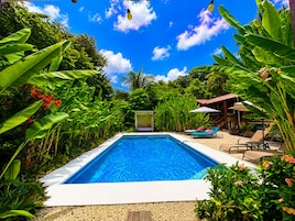 Una piscina rodeada de exuberante vegetación y un cielo azul despejado.