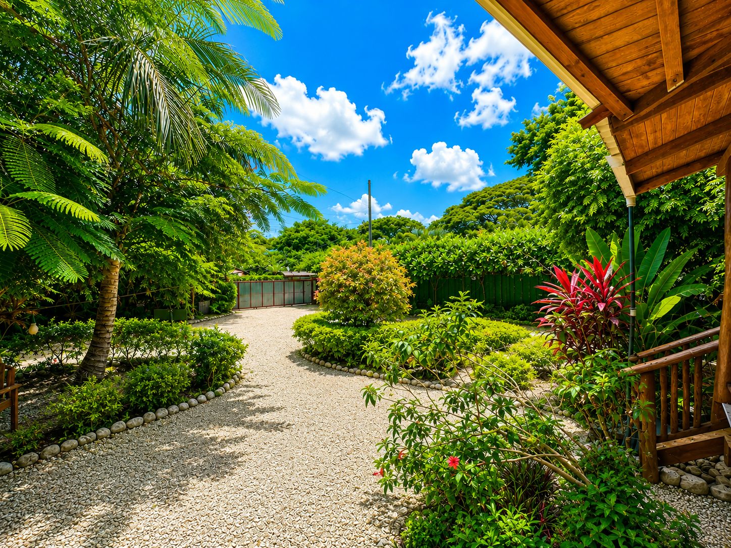 A garden pathway leading to a building with a wooden deck and a covered area.