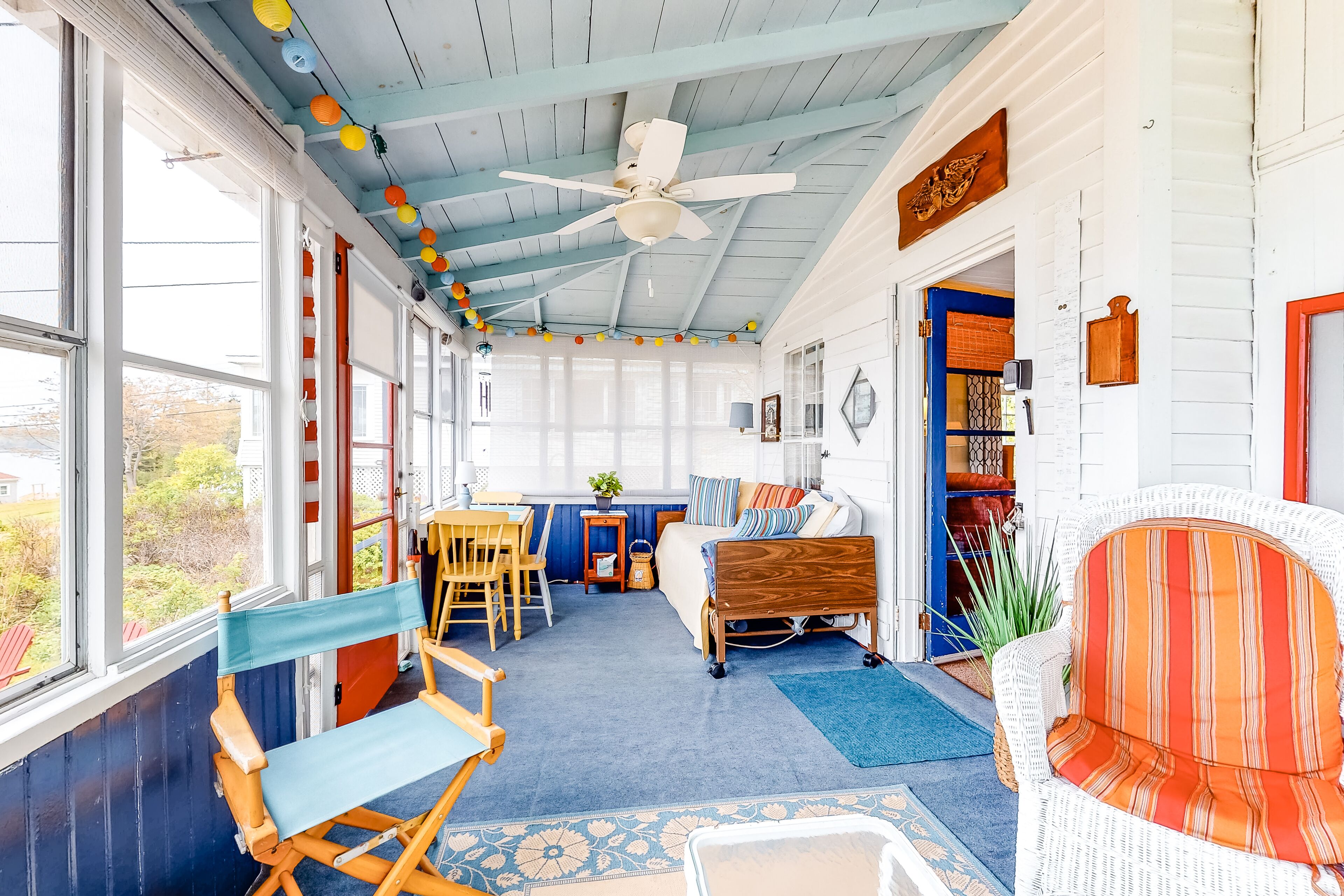 TV, fireplace, books