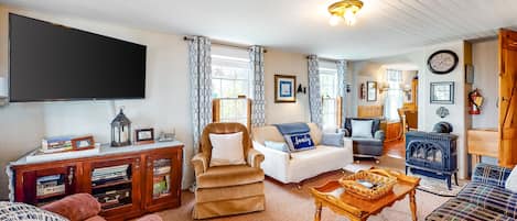 Televisión, chimenea, libros