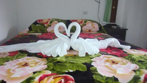 A bed with a floral bedspread and two white swan-shaped pillows. - Matus Guest House (San Ignacio)