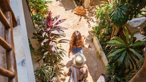 A narrow pathway surrounded by lush greenery and a rustic stone wall. - CasaLô Hotel (Jijoca de Jericoacoara)