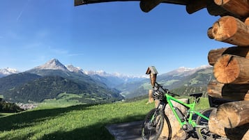 A mountain bike parked on a wooden deck with a scenic view of snow-capped mountains and a clear sky.