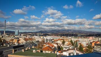 A cityscape with a variety of buildings, including residential and commercial structures, under a partly cloudy sky.