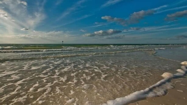 Una spiaggia con onde, cielo sereno e un orizzonte lontano.